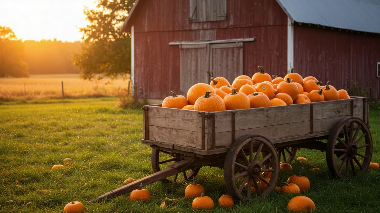 A picturesque autumn scene featuring a rustic wagon filled with vibrant, orange pumpkins set against a charming red barn under the warm glow of sunset