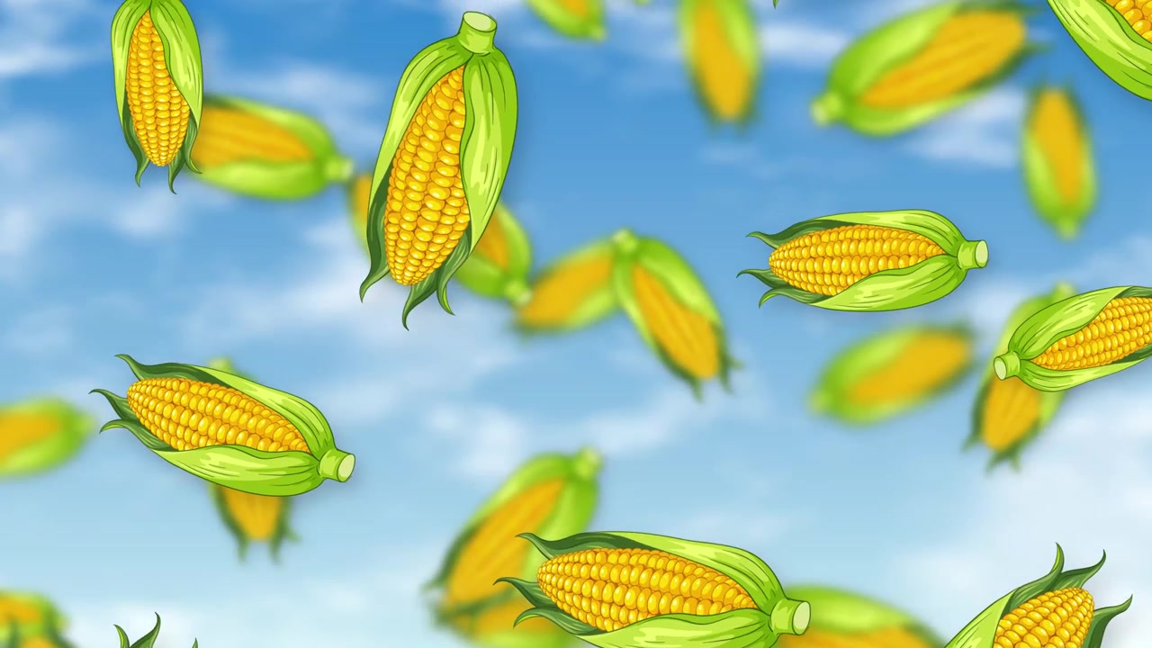 Stylized corn cobs rain down against a bright blue sky with soft white clouds.