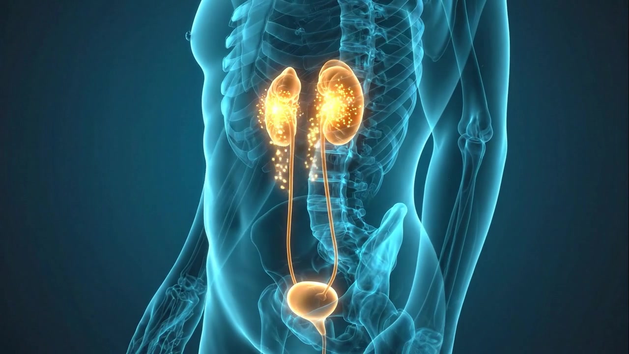 Human kidneys ureters and urinary bladder glowing inside transparent blue torso