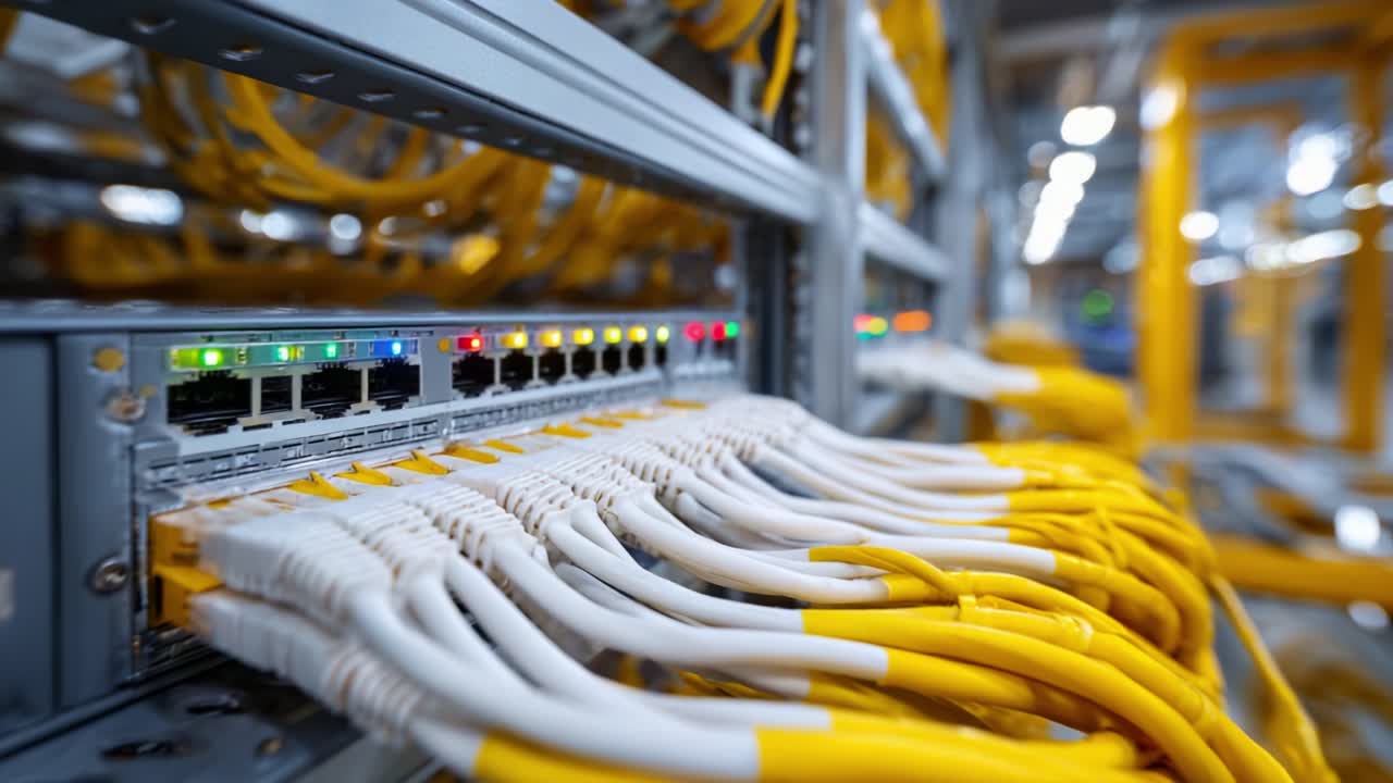 A Close-Up View of Network Cables and Switches in a Modern Data Center, Showcasing Ethernet Connections and Illuminated Indicators for Connectivity
