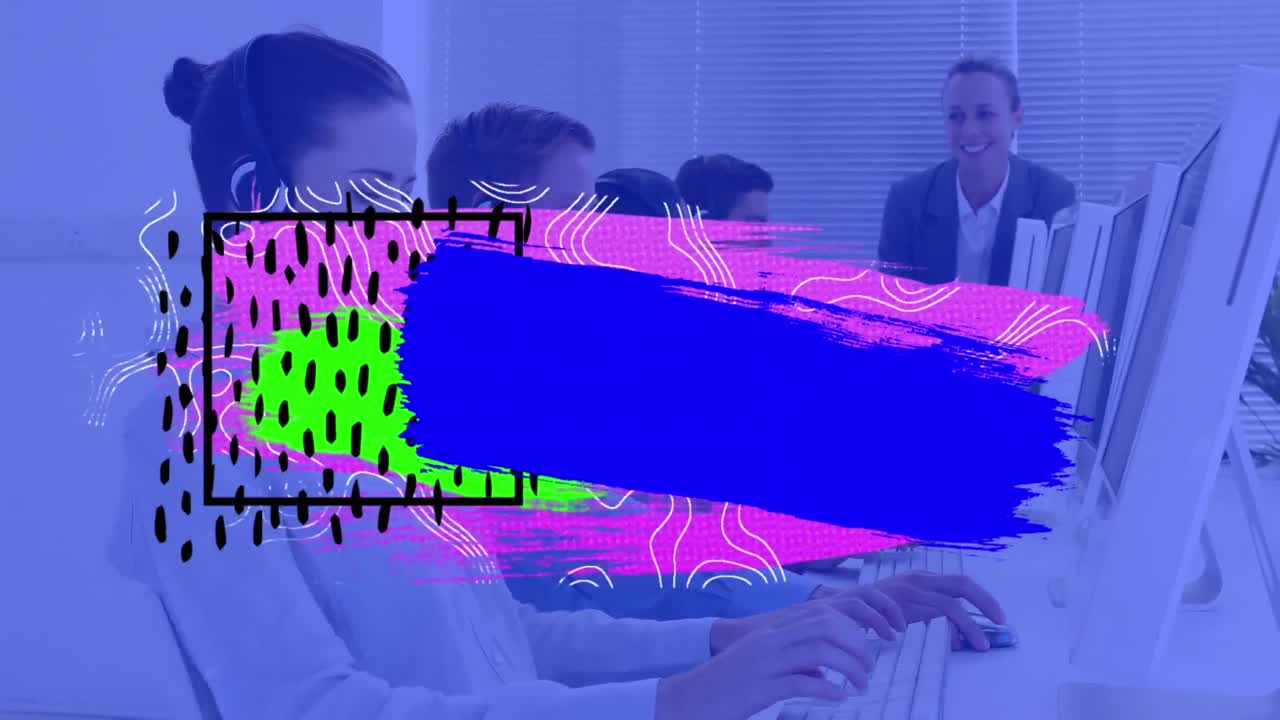 헤드 ⁇ 을 착용 한 사업가 들 위 에 다채로운 모양 의 애니메이션