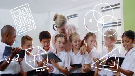 iconos del concepto de matemáticas contra una maestra caucásica que enseña a los estudiantes cómo usar una tableta digital