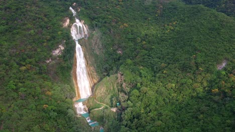 Aerial-wide-shot-of-the-Velo-de-Novia-waterfall-in-the-Chiflon-park,-Chiapas