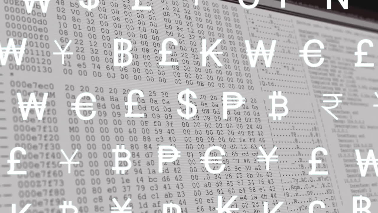 Animation of financial data processing and currency symbols over screen