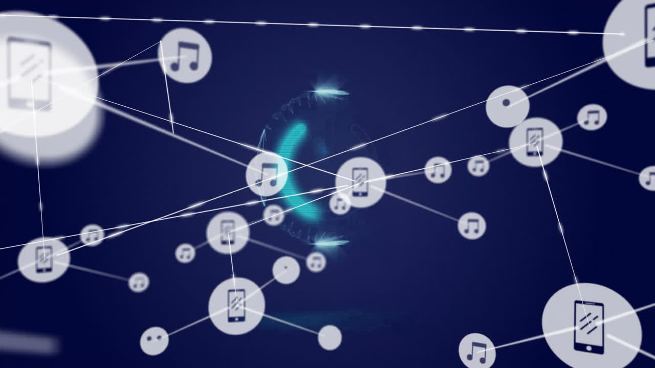 음악 공유 아이콘은 선으로 연결되어 있으며, 네트워크 애니메이션은 파란색 바탕에 있습니다.