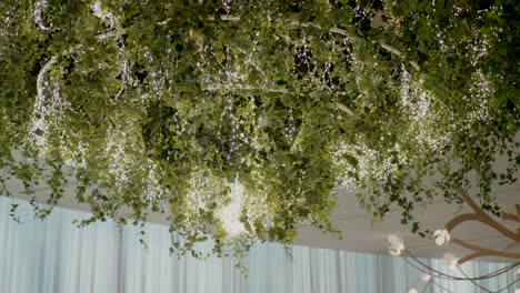 luxurious ceiling decor of lush hanging greenery with sparkling lights, creating a magical atmosphere