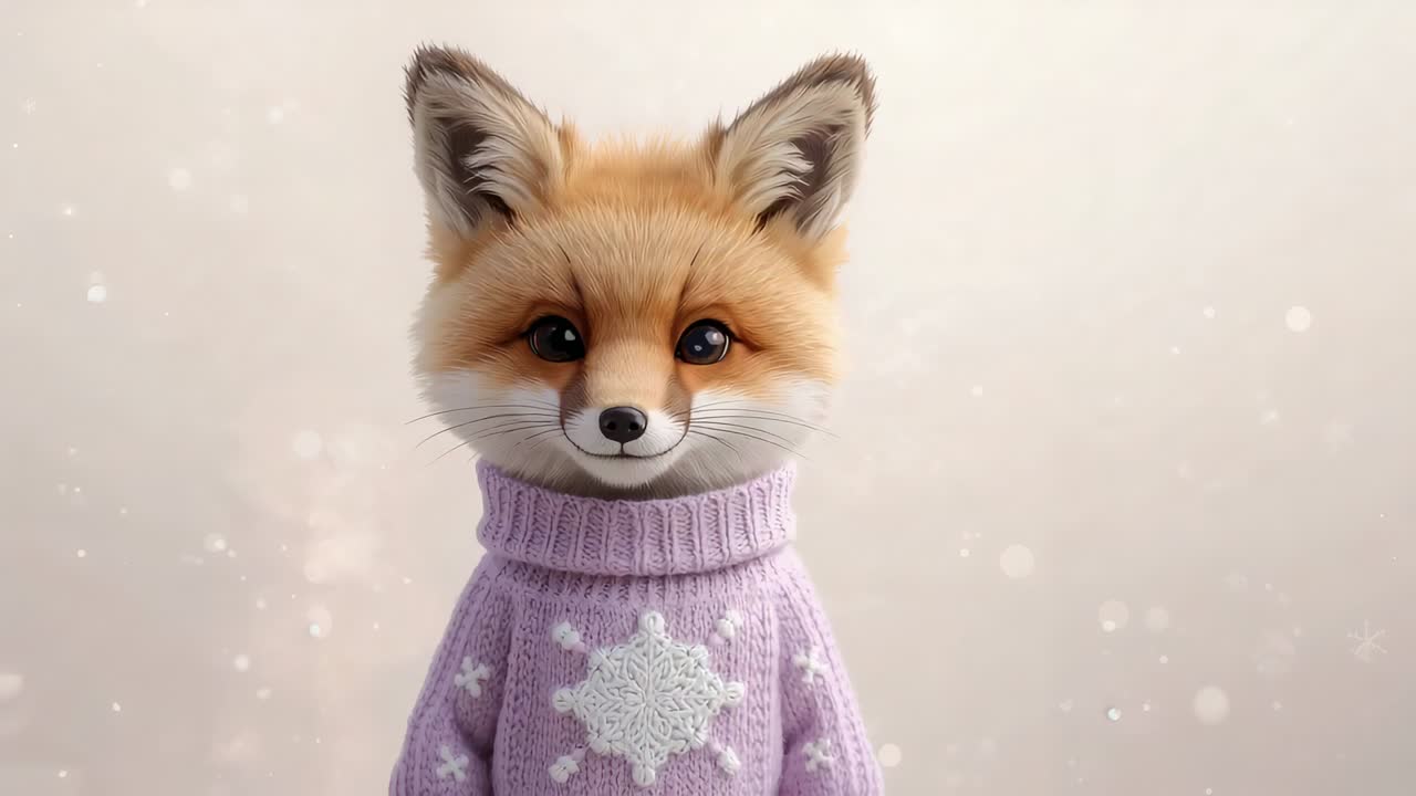 Fuchsmaskottchen hebt die rechte Pfote auf weichem Hintergrund, winkt und grüßt in lila Schneeflockenpullover, Bokeh