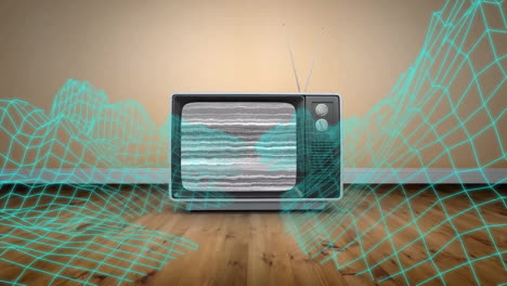 Retro TV emitting static with neon wireframe grid crawling across floor and walls in 3D render