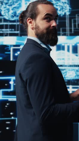 vertical video it specialist interacting with digital ai neural networks for deep learning