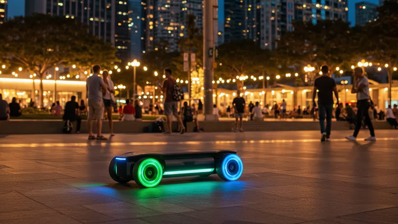 Innovative Electric Hoverboard Lit by Colorful LED Lights Stands Out in a Bustling Urban Mall, Surrounded by People Enjoying a Vibrant Evening Ambience