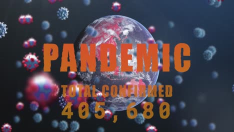 Animation-Einer-Covid-19-Zelle,-Die-über-Pandemietext-Auf-Dunklem-Hintergrund-Fällt