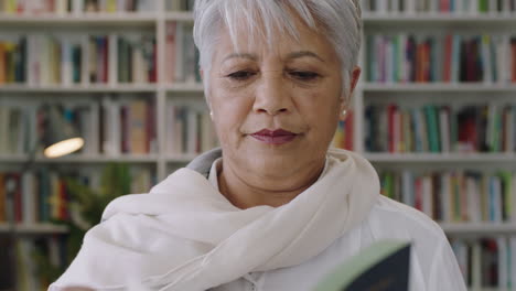 Porträt-Eines-Freundlichen-Indischen-Lehrers-Mittleren-Alters,-Der-In-Der-Bibliothek-Steht-Und-Ein-Buch-Liest