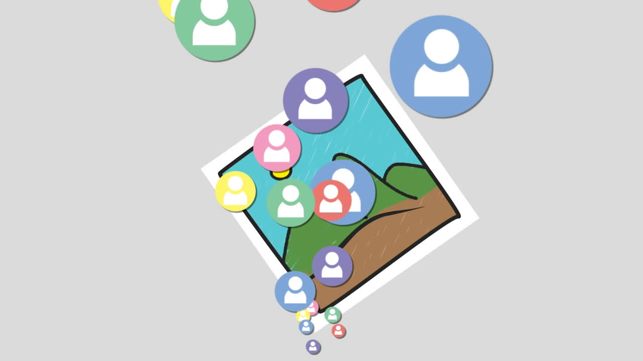 animación digital de múltiples iconos de perfil coloridos contra contra las montañas paisaje polaroid