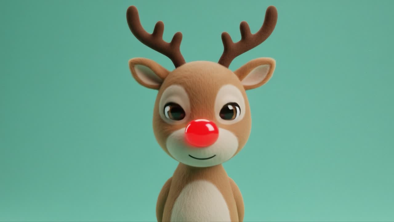 A Charming Cartoon Reindeer with a Red Nose and Adorable Antlers Posing Against a Soft Mint Green Background, Perfect for Holiday Themes and Cheerful Imagery