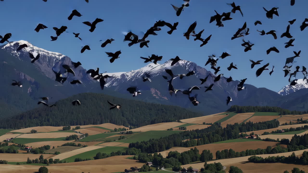 Birds Flying Over Alpine Valley