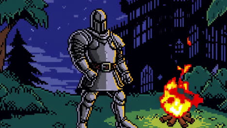 pixel art knight by a campfire