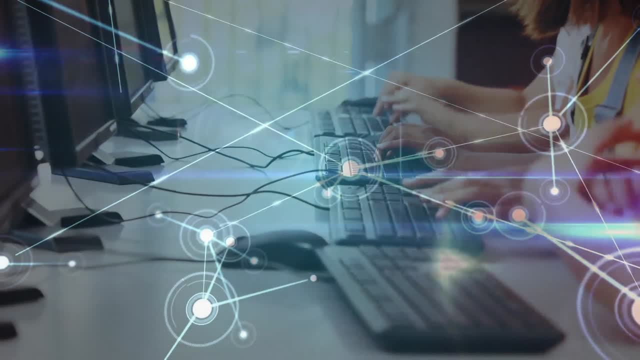 red brillante de conexiones contra la sección media de los estudiantes que usan computadoras en la escuela