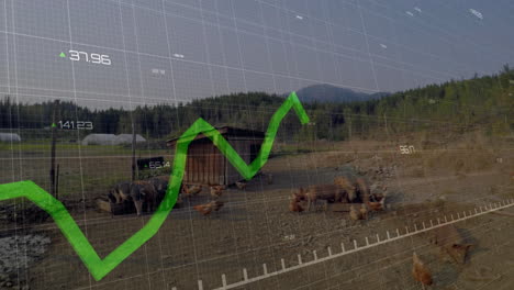 flat design render showing pigs and chickens gathering by shelter while finance grid overlay rising