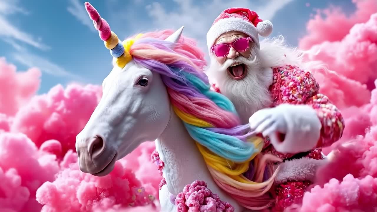 A santa claus riding a unicorn in a cloud filled sky