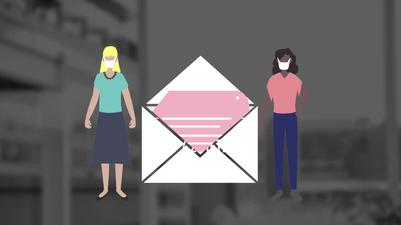 Animation of message icon and two diverse women wearing face mask