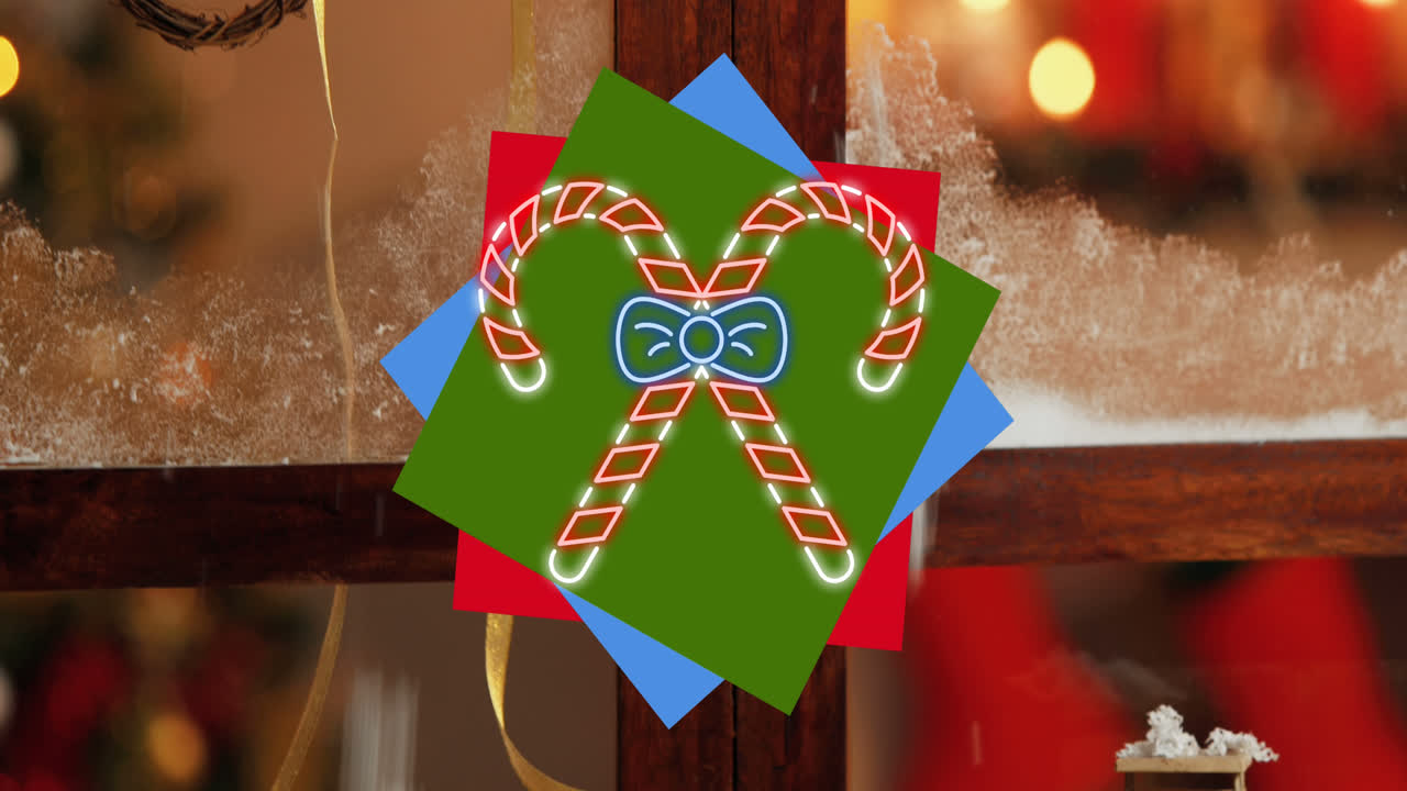 창문 위에 네온 크리스마스 사탕수수 애니메이션