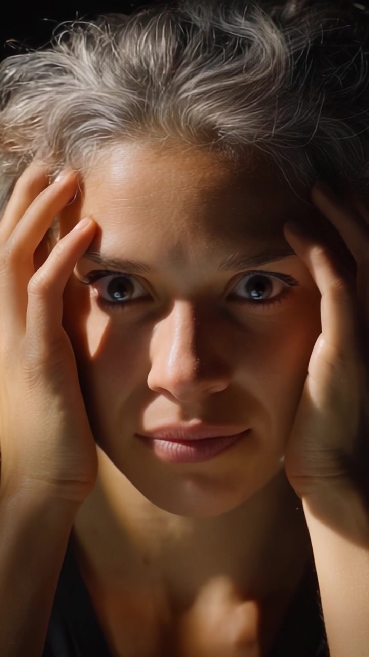 Un primo piano del volto di una donna contemplativa, che mostra profonde emozioni e pensieri, con tratti illuminati e uno sguardo pensieroso in un ambiente scuro.