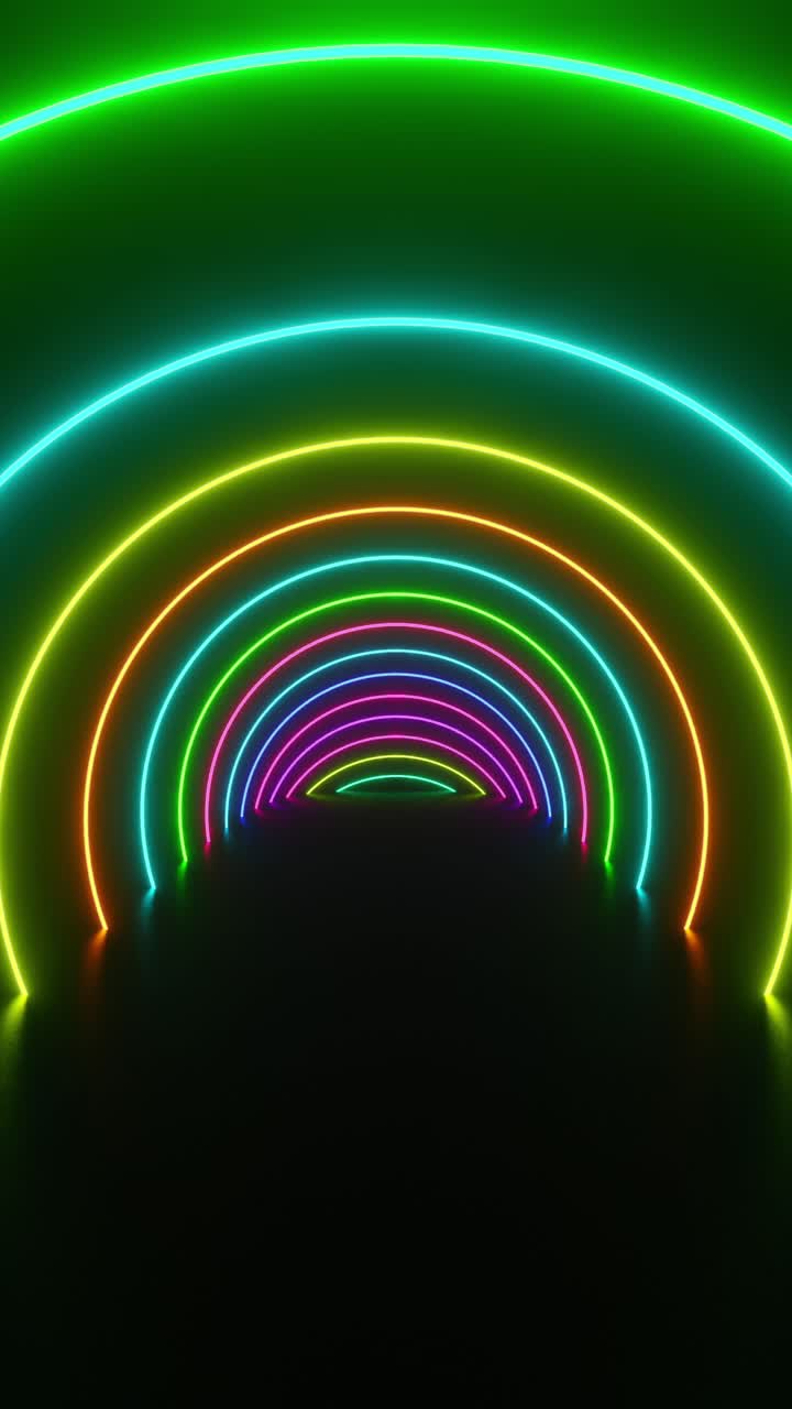 túnel de luces de neón en una habitación oscura con fondo negro. animación en bucle vertical
