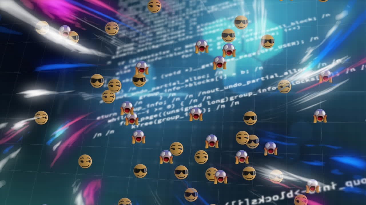 Digital animation of colorful digital waves and multiple face emojis against data processing