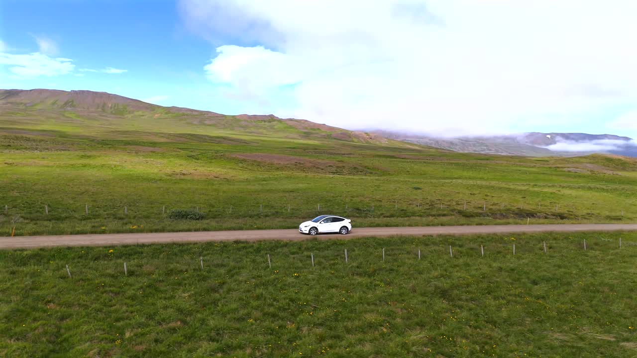 Enjoy a bird’s-eye view of a Tesla cruising through Iceland’s majestic landscapes, highlighting the perfect fusion of innovation and nature.