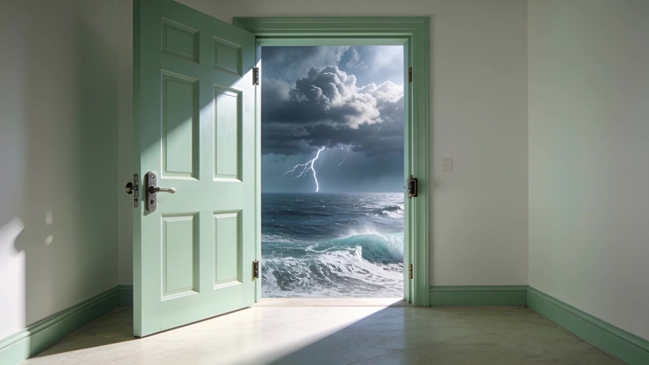 Relámpagos destellando, el océano empujando olas a través de una puerta verde menta hacia una habitación vacía que muestra un pestillo de metal.