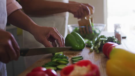 senior biracial couple wearing aprons preparing food in kitchen