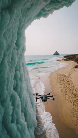 drone over ice cave at beach