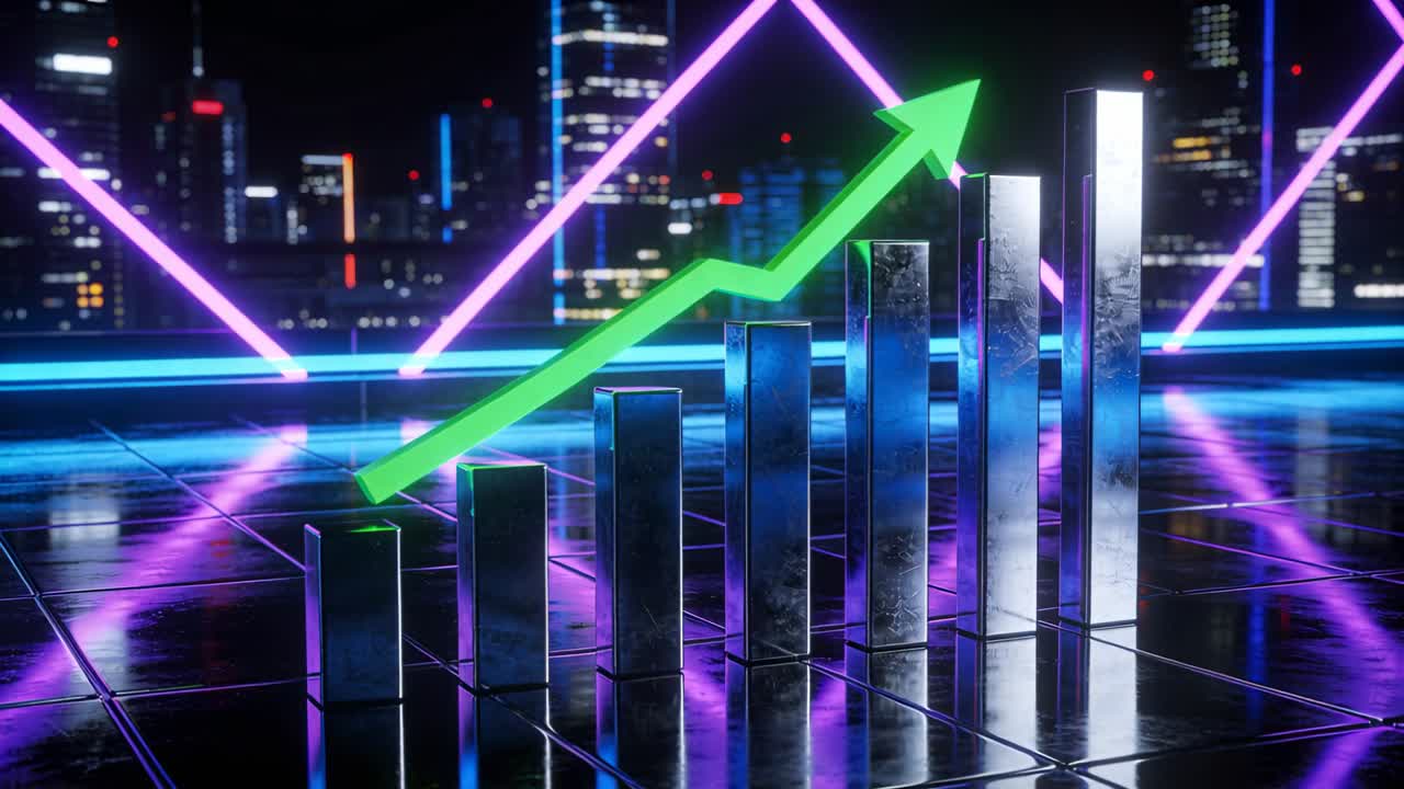 Animazione in avvio che mostra barre metalliche pulsanti su un tetto illuminato al neon, con una freccia verde che indica la crescita.