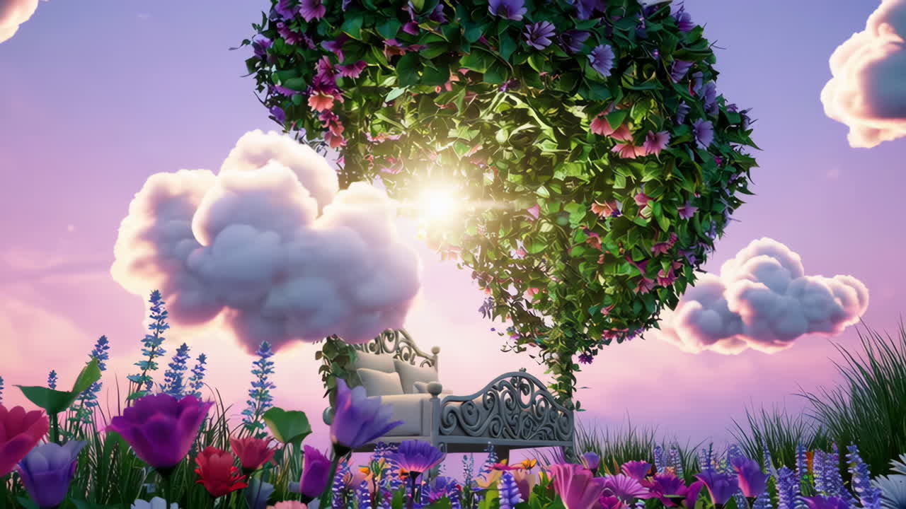 Fortryllet blomsterbaldakinseng på en drømmeaktig himmel
