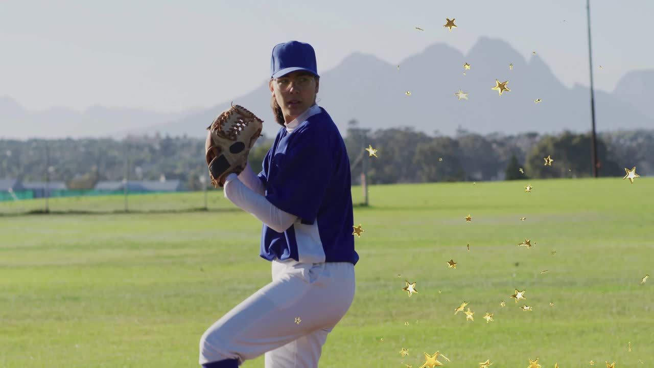 Female pitcher entering sports field adjusting glove as gold star graphics drifting signaling pitch