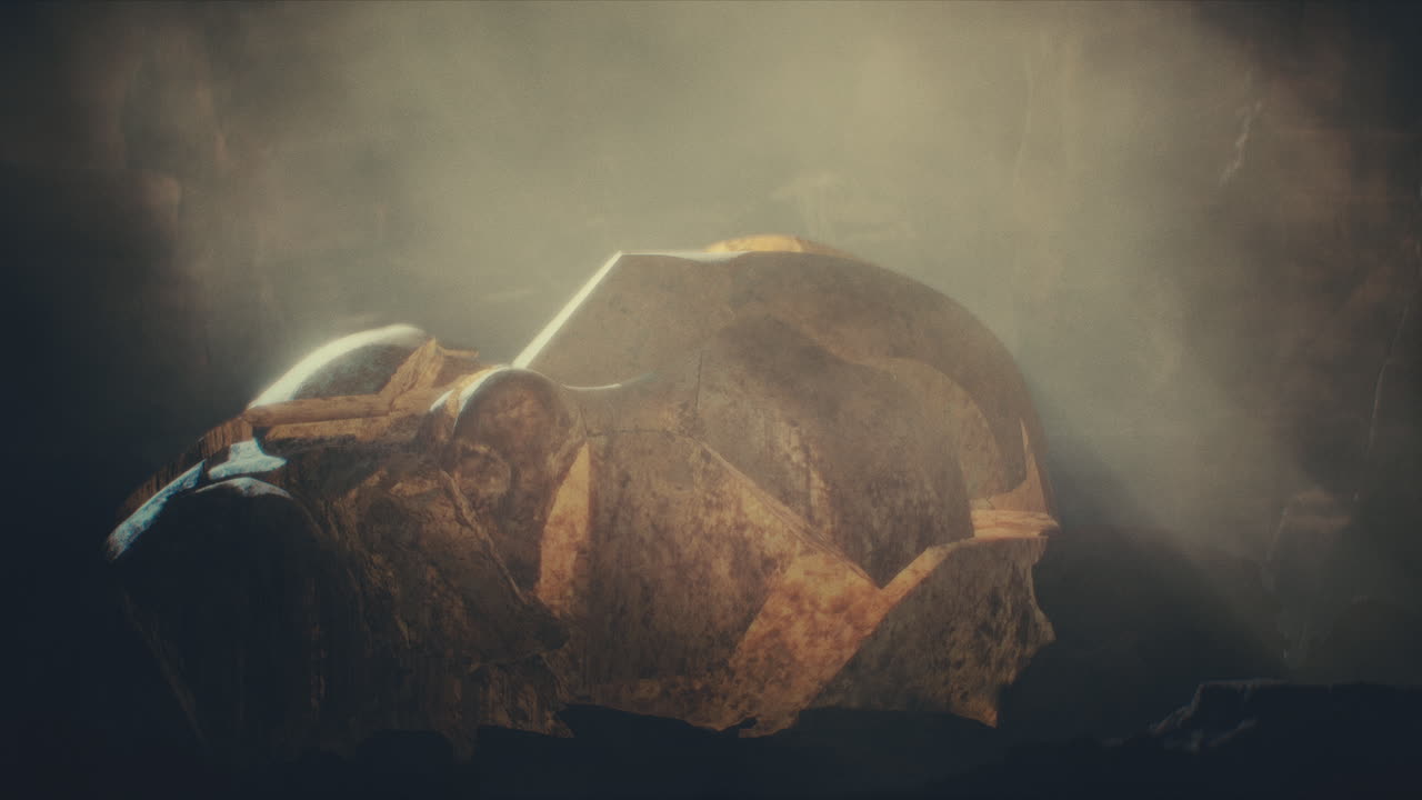 A head of the giant ancient deity statue hidden in a cave