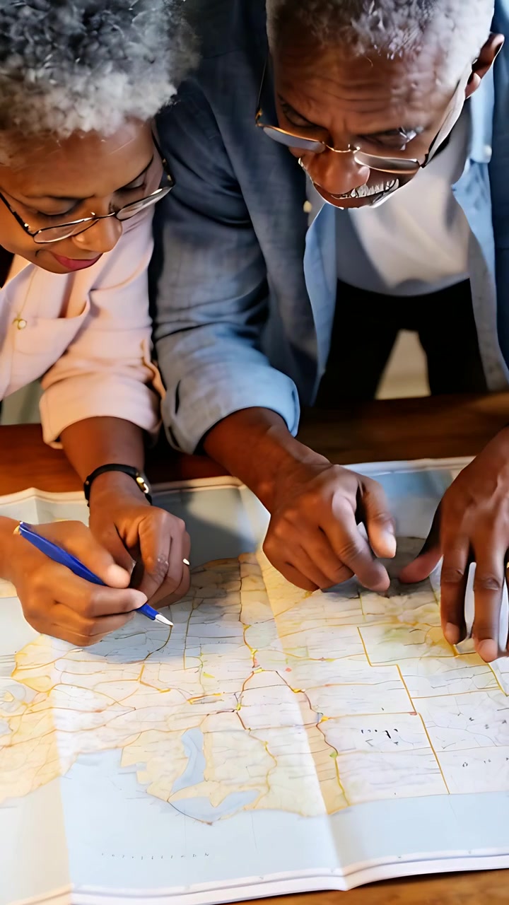 Vertical video: Opening map, man pointing and woman pink shirt planning trip at table with blue pen