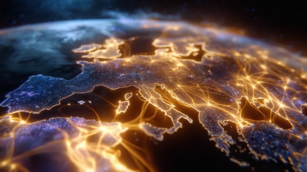 Det europæiske kontinent gløder med gyldne lysspor. Natteudsigt over Jorden fra rummet, der viser oplyste byer og netværk. Abstrakt digital kunst, der repræsenterer teknologi, forbindelse.
