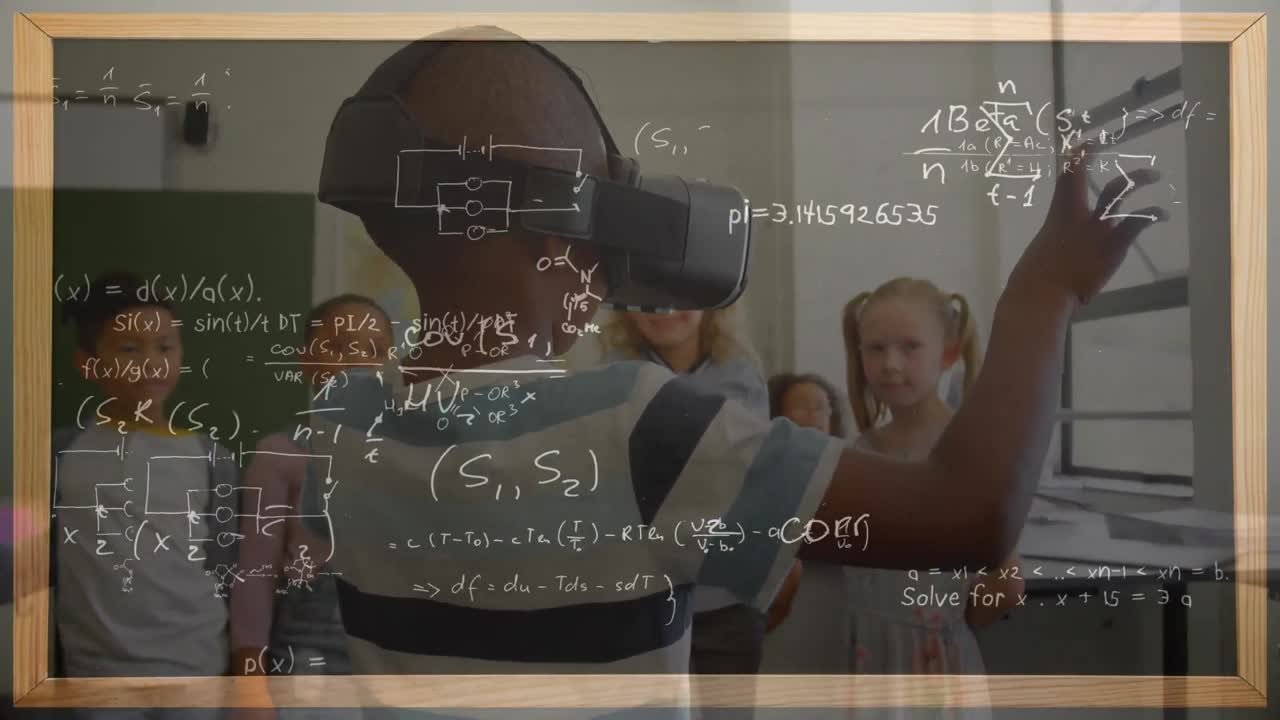 Animation of mathematical formulas over schoolboy using vr headset