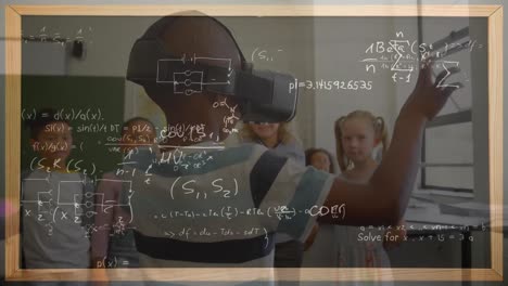 animación de fórmulas matemáticas sobre un escolar usando auriculares vr