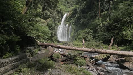 aerial: tourist man on log crosses river below tiu kelep waterfall idn