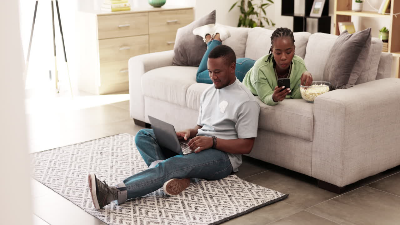 Laptop, phone and black couple relax with tech
