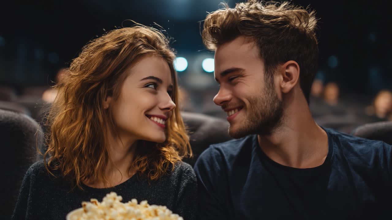 A Joyful Cinema Experience: Capturing the Delight of a Couple Enjoying Each Other's Company with Popcorn in a Movie Theater Setting
