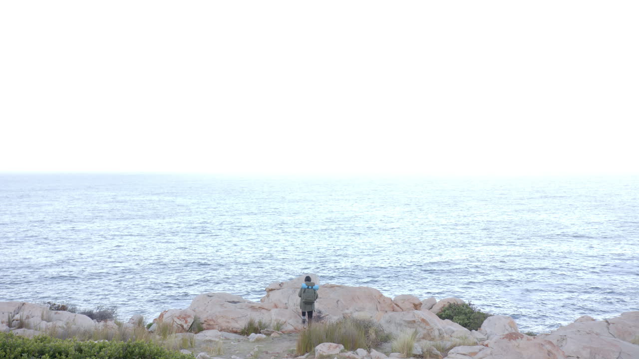 Hiking on rocky terrain, woman overlooking ocean, enjoying scenic view, copy space