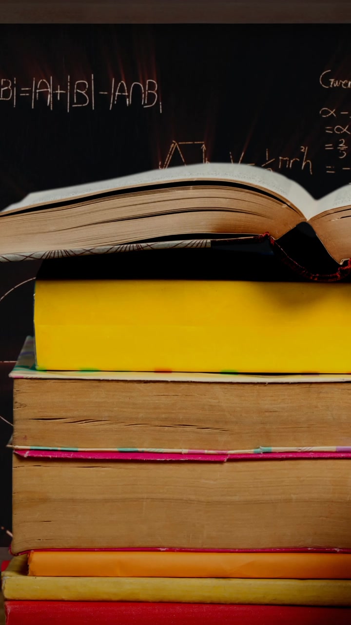 Scena animata di scrivania con libri, penne, orologio ed equazioni matematiche fluttuanti
