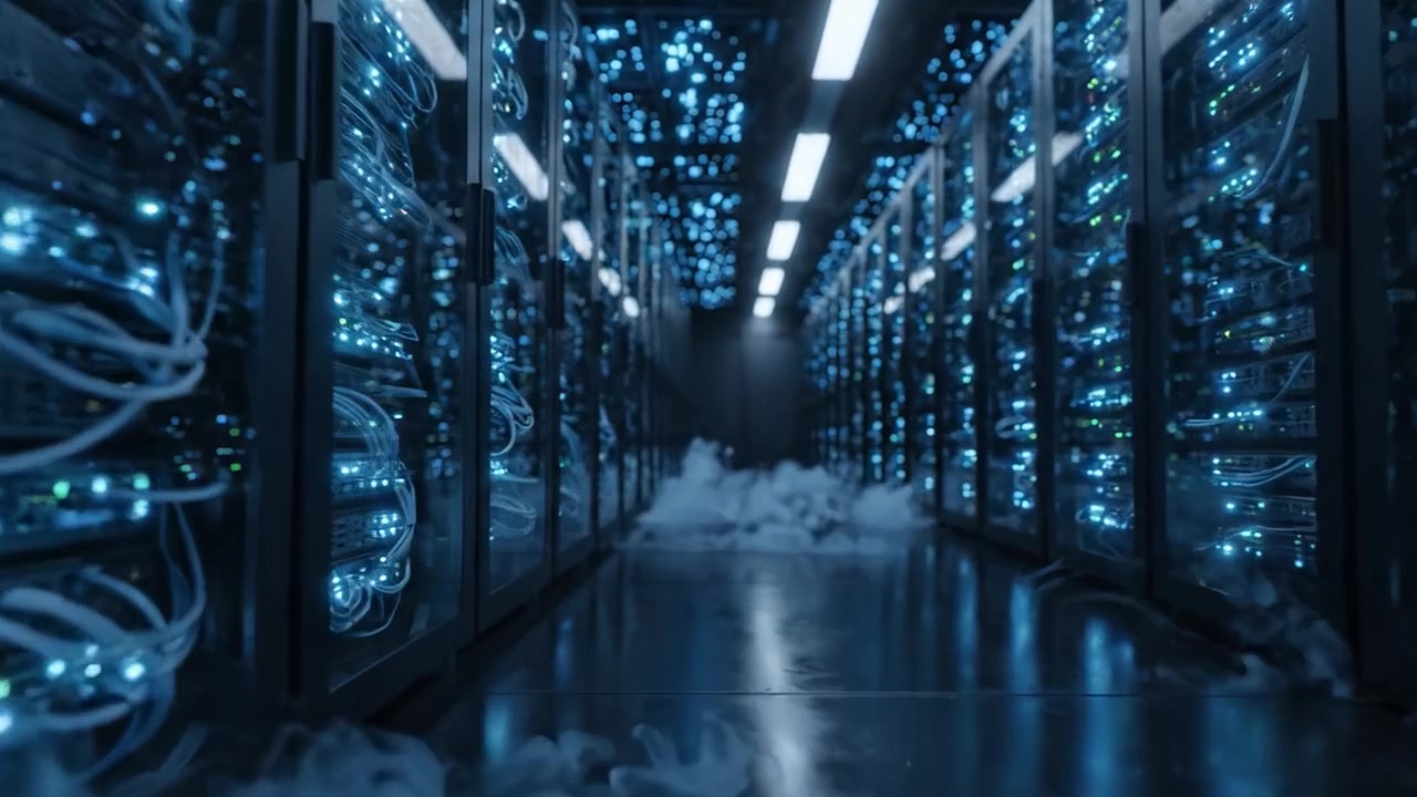 A Stunning Glimpse Inside a High-Tech Data Center Featuring Rows of Server Racks Illuminated by Glowing Blue Lights and Surrounded by Misty Atmosphere