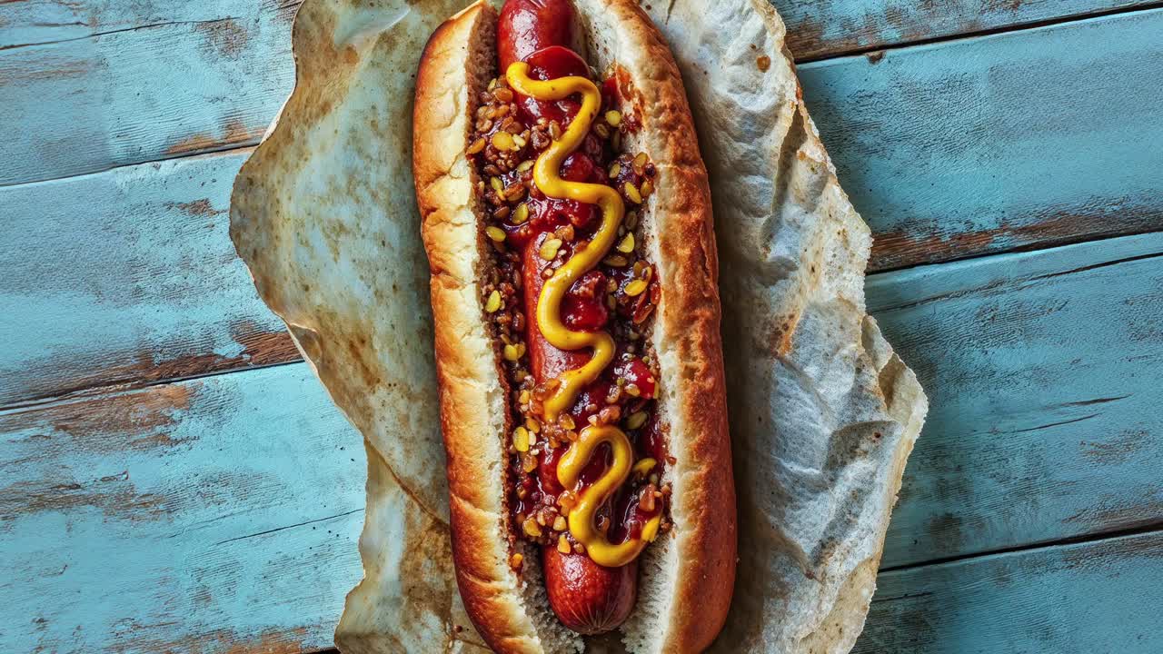 primer plano de un perrito caliente clásico con ketchup, mostaza y sabor