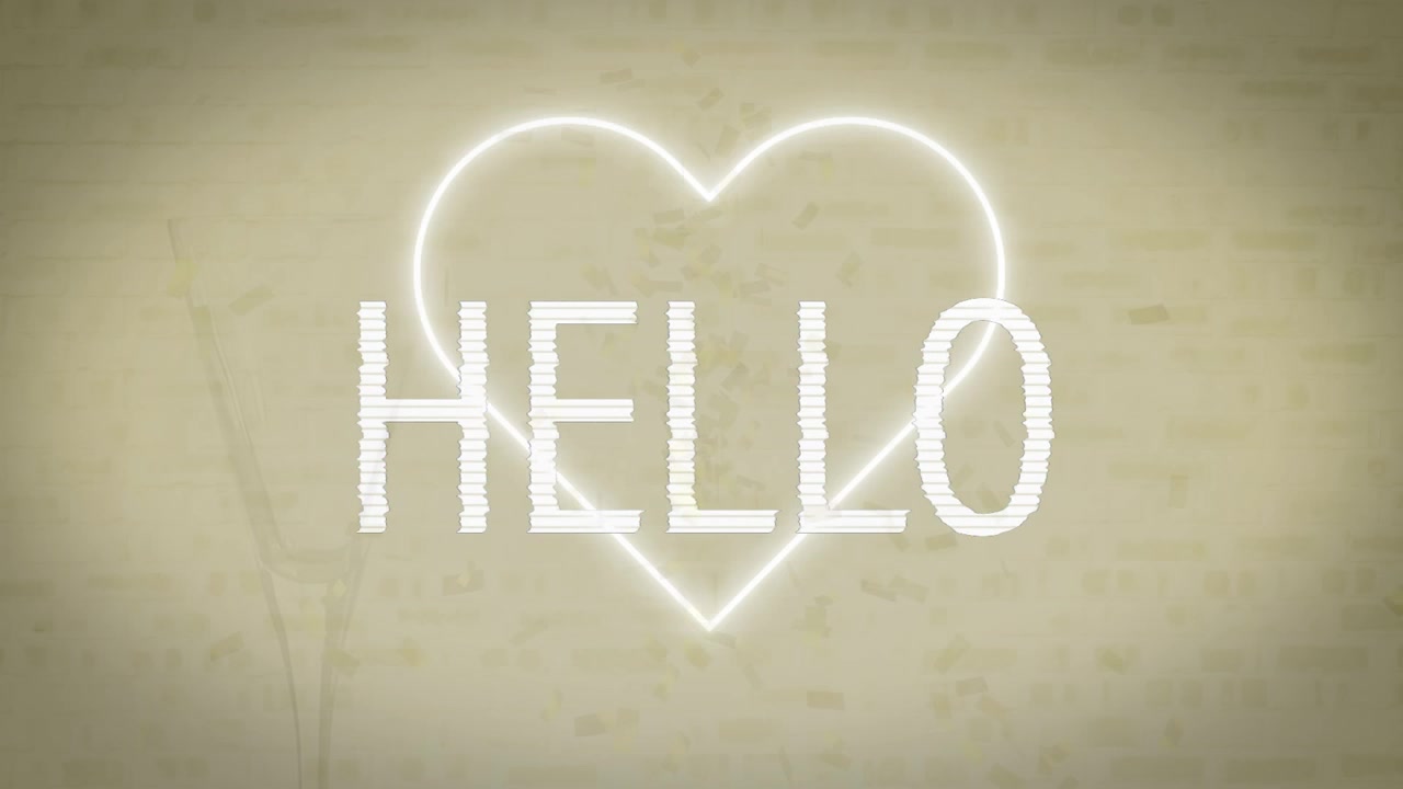 Animation of hello text banner over neon heart icons against grey background