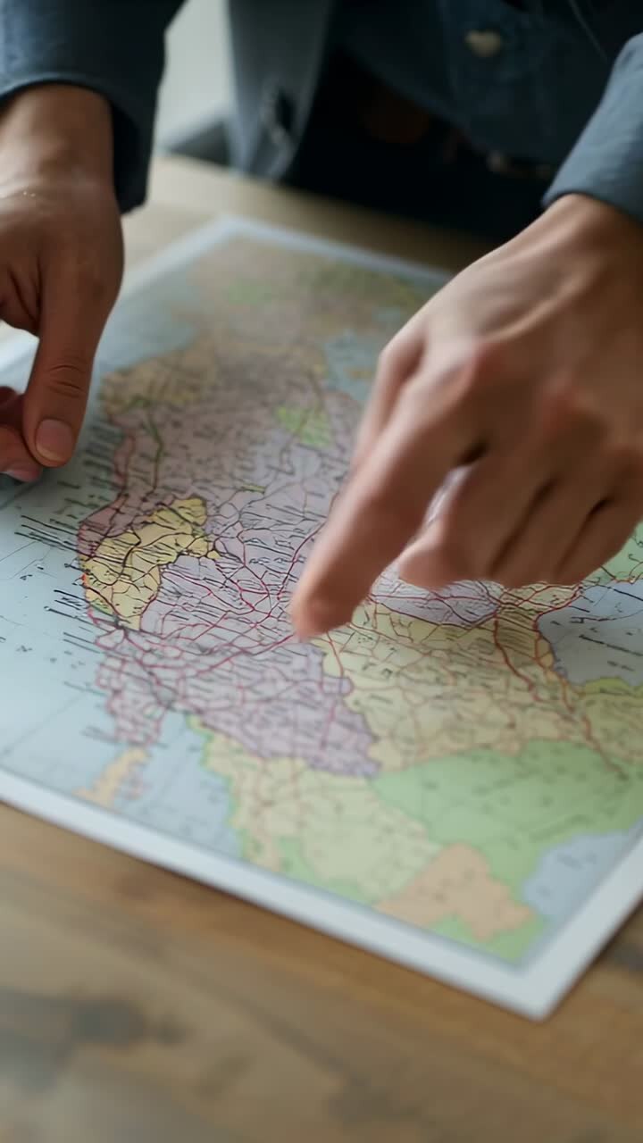 Vidéo verticale : Des mains tendues posent et tracent une feuille de route imprimée sur un bureau, chemise en jean, planification de voyage.
