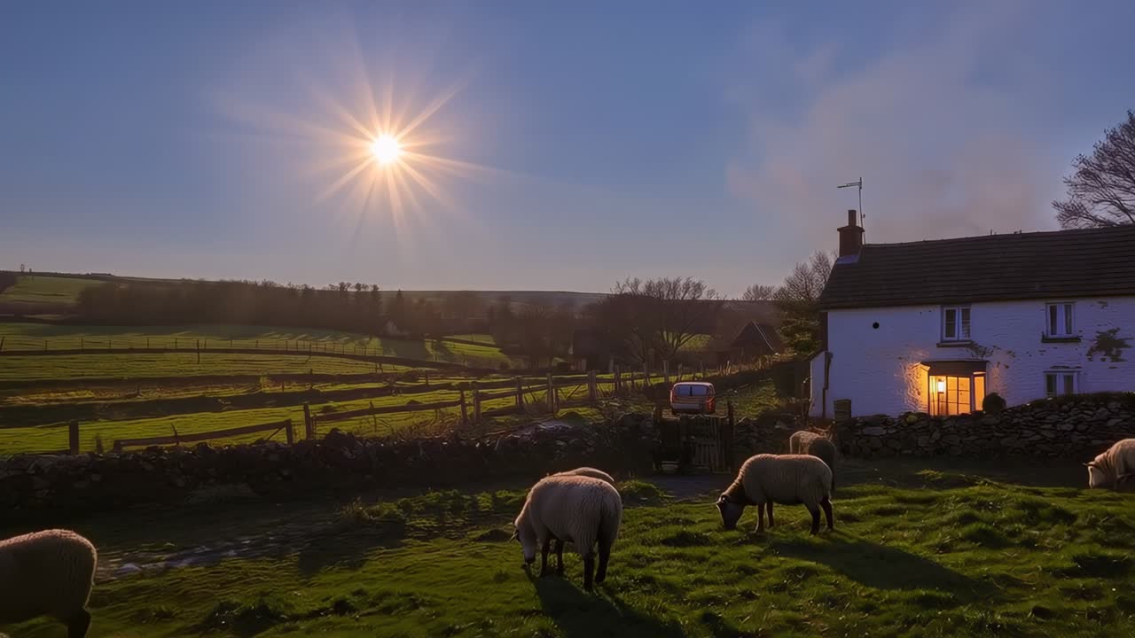 Rebaño de ovejas pastando acercándose a la cámara mientras esta avanza sobre raíles en un pastizal rural, cabaña iluminada